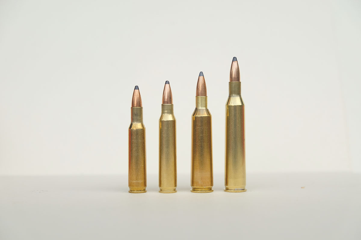 From left, cartridges tested include the 222 Remington, 223 Remington, 22-250 Remington and 220 Swift. All are shown here with 50-grain Sierra Blitz bullets.